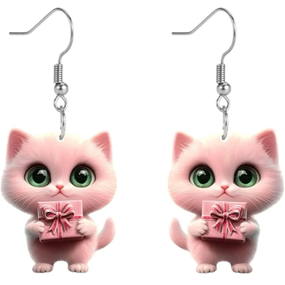Cute Pink Cat Present Gift Flat Acrylic Dangle Drop Earrings NWOT